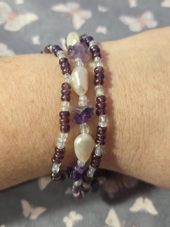 Handmade Jewelry - Pearl & Amethyst Beaded Wrap Bracelet - Purple and White